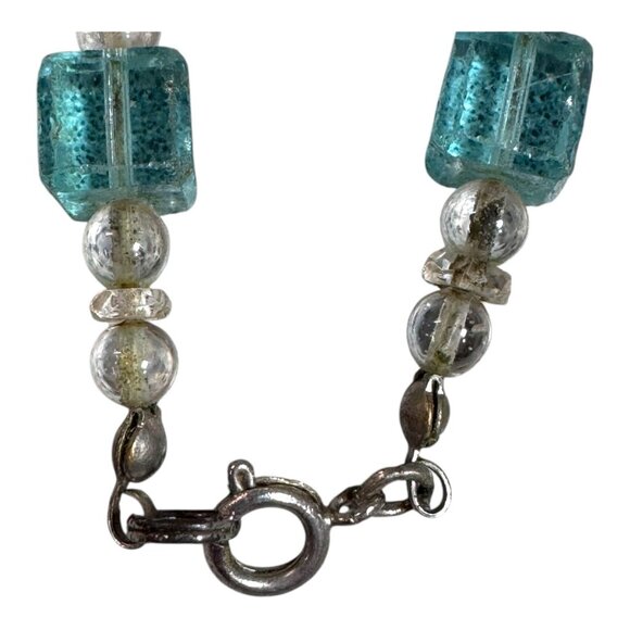 Vintage Aqua Blue & Clear Glass Beaded Graduated Necklace 28" Square Beads Teal - Picture 5 of 7